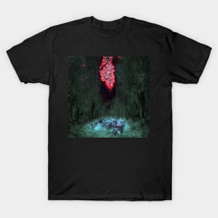 Digital collage and special processing. Mystic forest. Night, sky, stars. Light green and red. T-Shirt